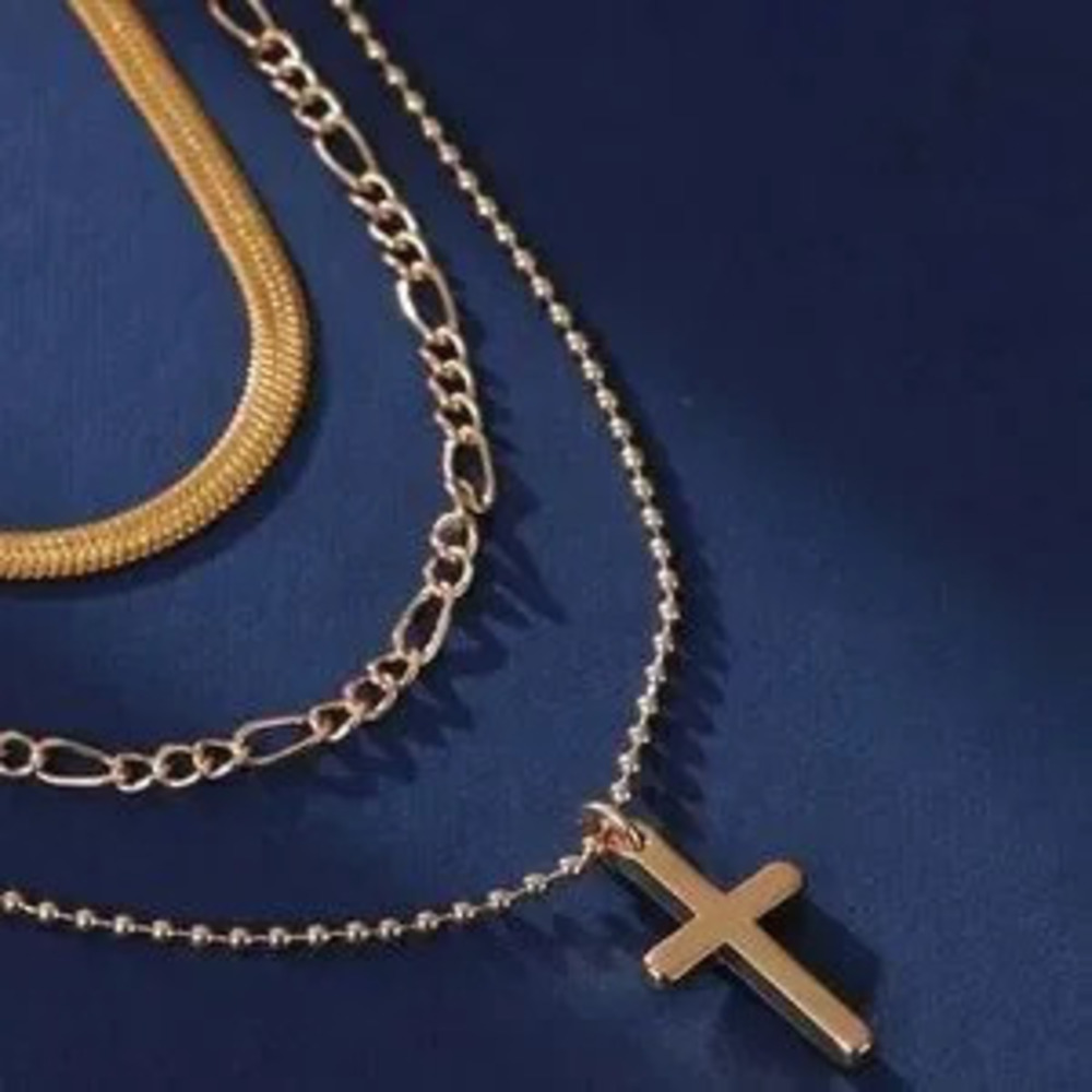 Gold Plated Stainless Steel 3pc Cross Herringbone Necklace Set